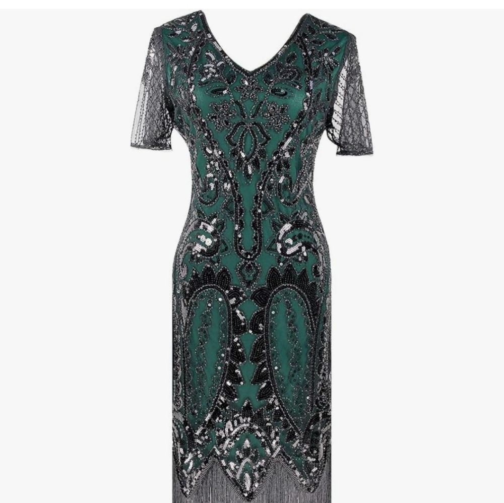 Elegant Green and Black Beaded Dress